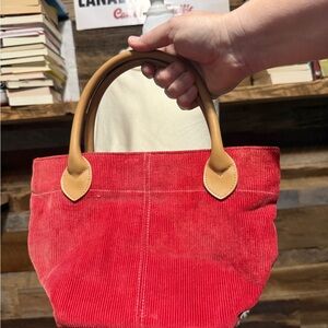 Lillian Vernon Red Corduroy Tote Bag with Tan Handles